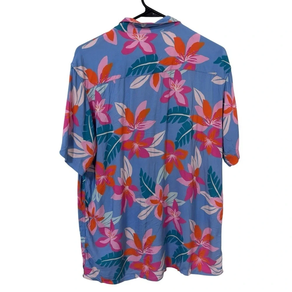 Duvin Men's Blue Hawaiian orange pink Floral button down Short-Sleeve Shirt